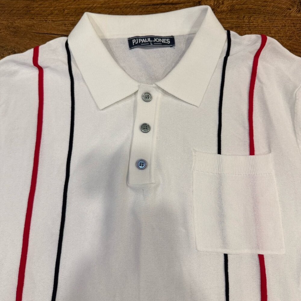 PJ Paul Jones White Striped Casual Preppy Golf Short Sleeve Polo‎ Shirt Men's L